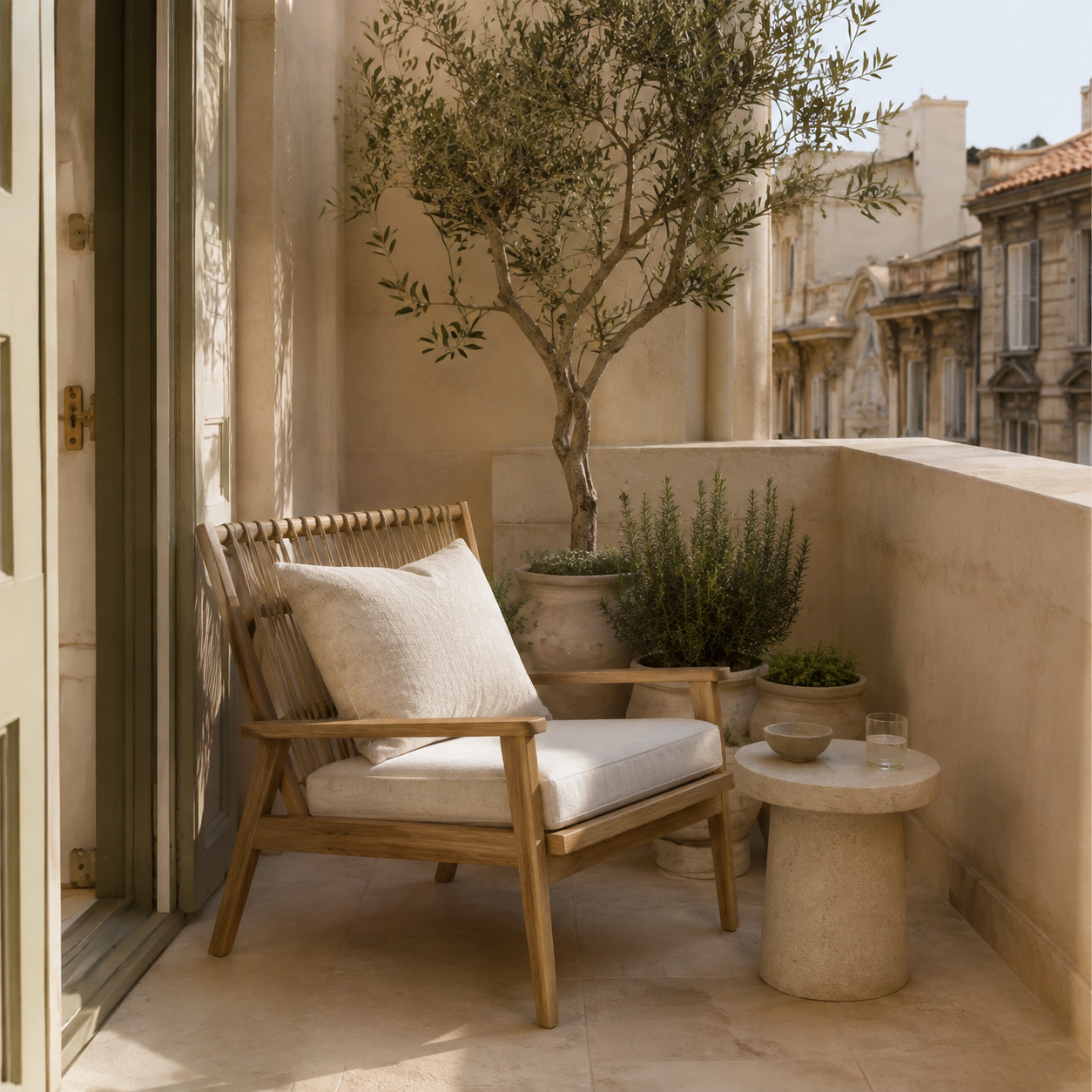 Kleine mediterrane Terrasse mit Naturholz, Travertin und Olivenbaum | Lazuri Home