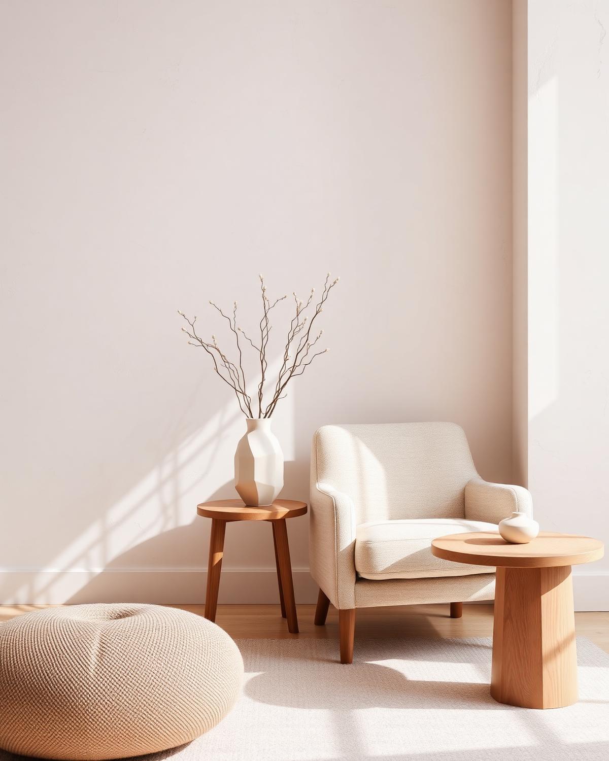 Wohnraum mit Sessel, Beistelltisch und Textilien