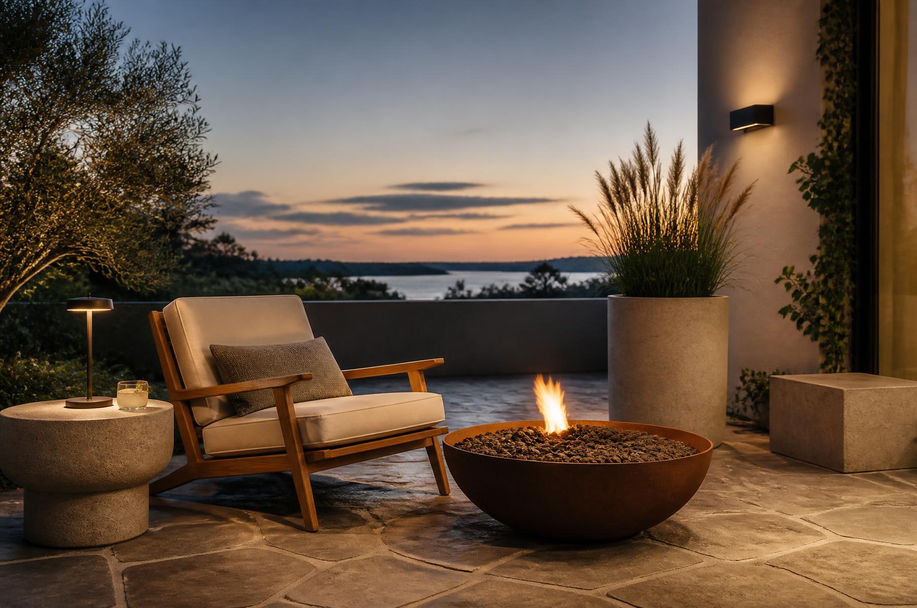 Terrasse im Abendlicht mit Loungemöbeln, Feuerschale und Solarleuchten