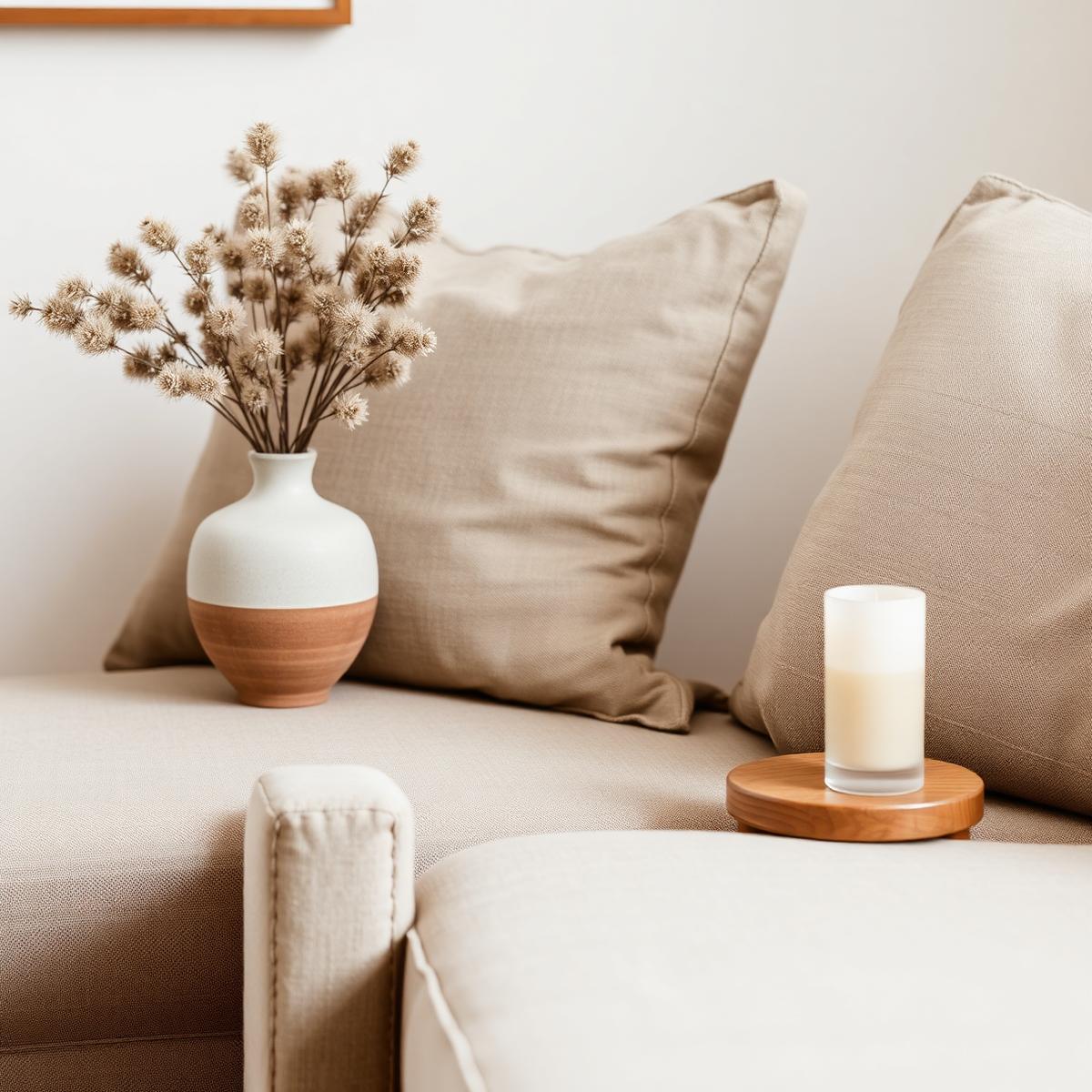 Sofaecke mit Keramikvase und Kerze