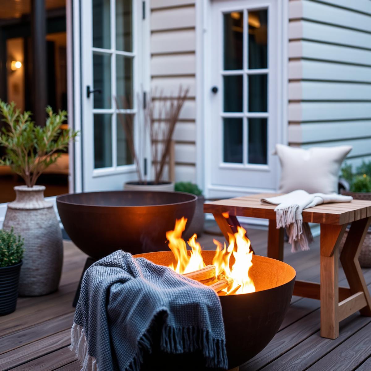 Feuerschale auf einer Holzterrasse am Abend
