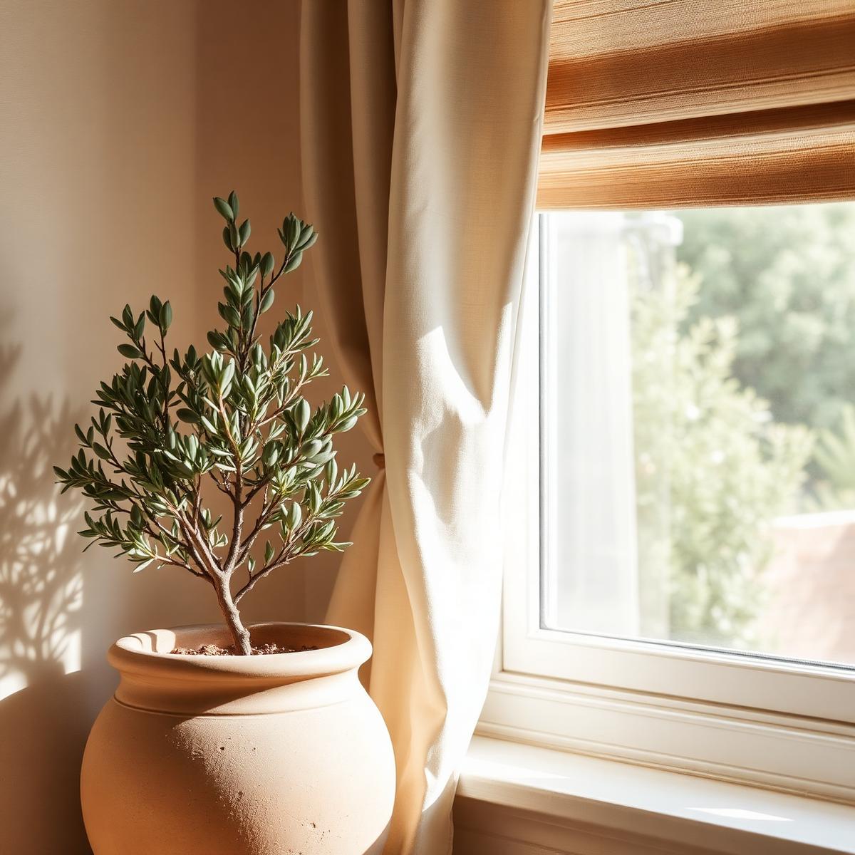 Pflanzkübel mit Olivenbaum am Fenster