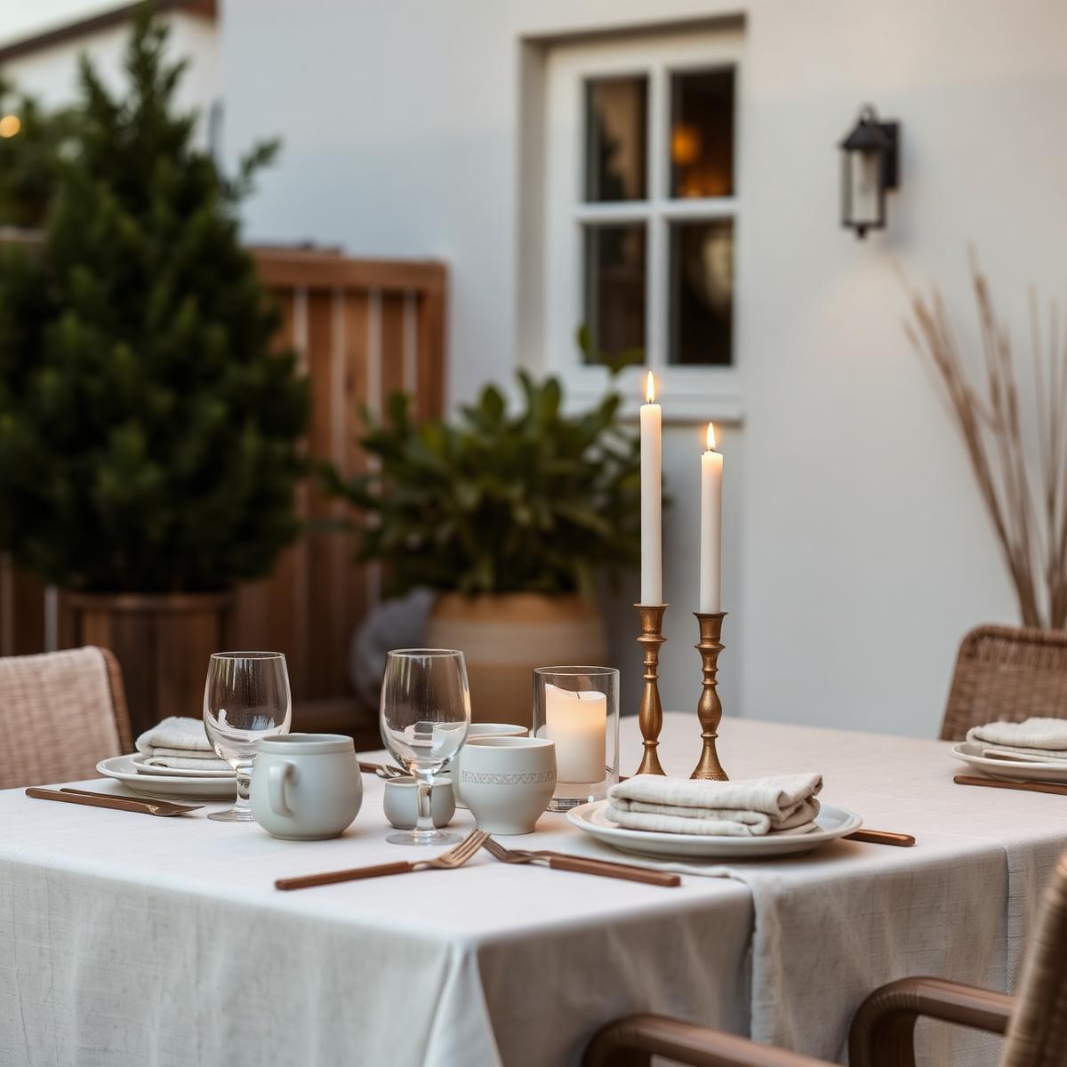 Gedeckter Outdoor-Esstisch mit Kerzen